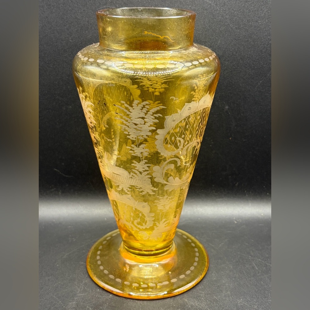 Vintage Bohemian Etched Yellow Pastoral Castle Rabbit Bird Landscape Glass Vase - Picture 4 of 16